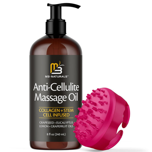Anti Cellulite Massage Oil and Silicone Body Brush – Collagen and Stem Cell Skin Tightening Formula for Smoothing and Firming, 8 fl oz by M3 Naturals