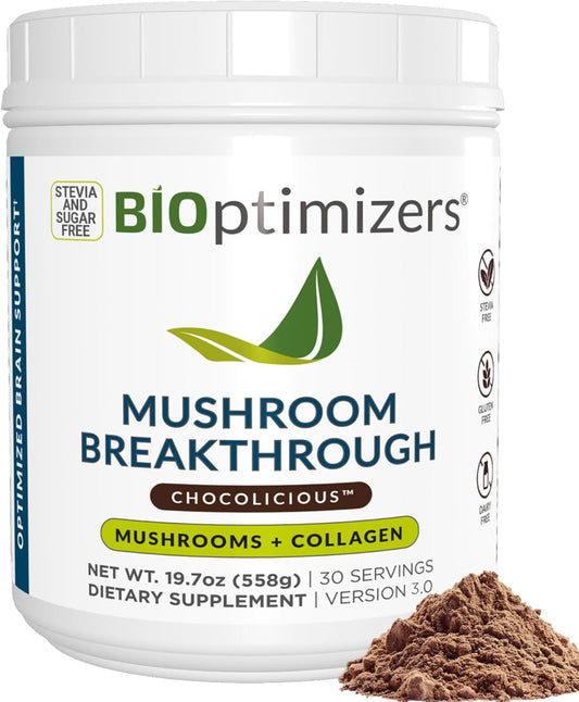 BIOptimizers Mushroom Coffee Alternative – Chocolate Drink – Lion’s Mane, Chaga, Reishi + Collagen Peptides for Focus, Energy & Gut Health – Adaptogenic Mushrooms & MCT Powder – 30 Servings
