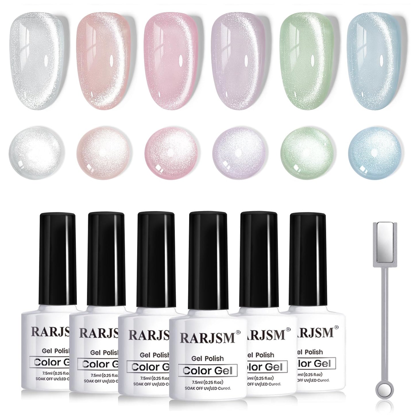 RARJSM Sparkle Diamond Cat Eye Gel Nail Polish Set 6 Colors Nude Pink Milky Jelly Purple Green Blue Silver Glitter Cateye Gel Polish with Magnet Stick UV LED Curing Requires Soak Off Home Salon Diy
