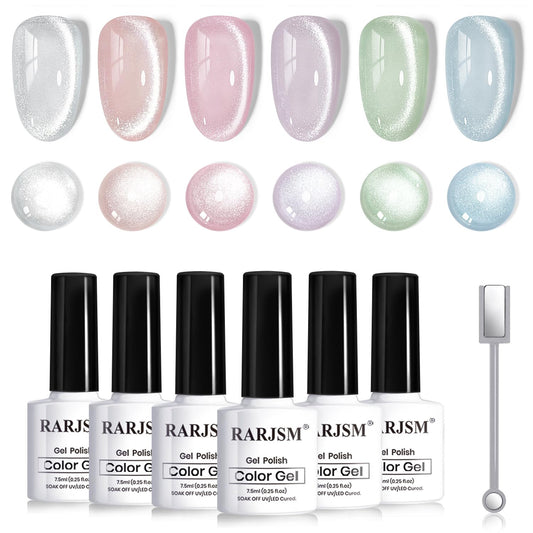 RARJSM Sparkle Diamond Cat Eye Gel Nail Polish Set 6 Colors Nude Pink Milky Jelly Purple Green Blue Silver Glitter Cateye Gel Polish with Magnet Stick UV LED Curing Requires Soak Off Home Salon Diy