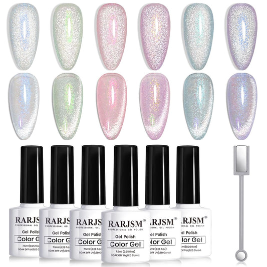 RARJSM Aurora Mermaid Cat Eye Gel Nail Polish Set 6 Colors Velvet Silver Glitter Pink Green Blue Purple Galaxy Star Shimmer Gel Polish with Magnetic Stick UV LED Curing Requires Soak Off Home Salon