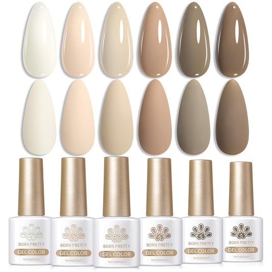 BORN PRETTY Nude Gel Nail Polish,Cream Beige White,Nude,Khaki,Brown,Chocolate Neutral Skin Tone Gel Polish Kit Soak Off Nail Art Manicure DIY Design Collection for Home and Salon