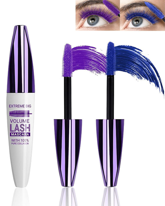 5D Colored Mascara Volume and Length,Blue Purple Waterproof Smudge-proof Mascara for Eyelashes,Volumizing Lengthening Curling rimel de pestañas,Cosplay Party Stage Use,Women's Makeup Gift for Women
