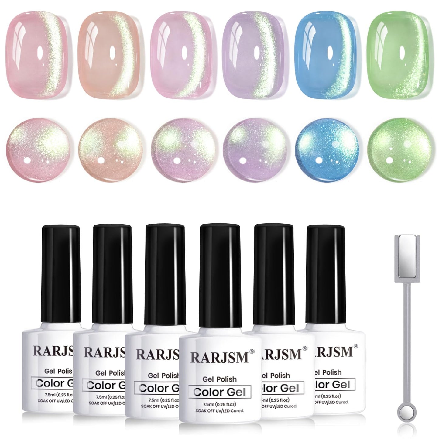 RARJSM Green Cat Eye Gel Nail Polish Set 6pcs Reflective Sparkly Diamond Glitter Nude Pink Blue Purple Clear Glass Cateye Gelpolish with Magnet Stick 7.5ml Curing Requires Soak Off for Home Salon