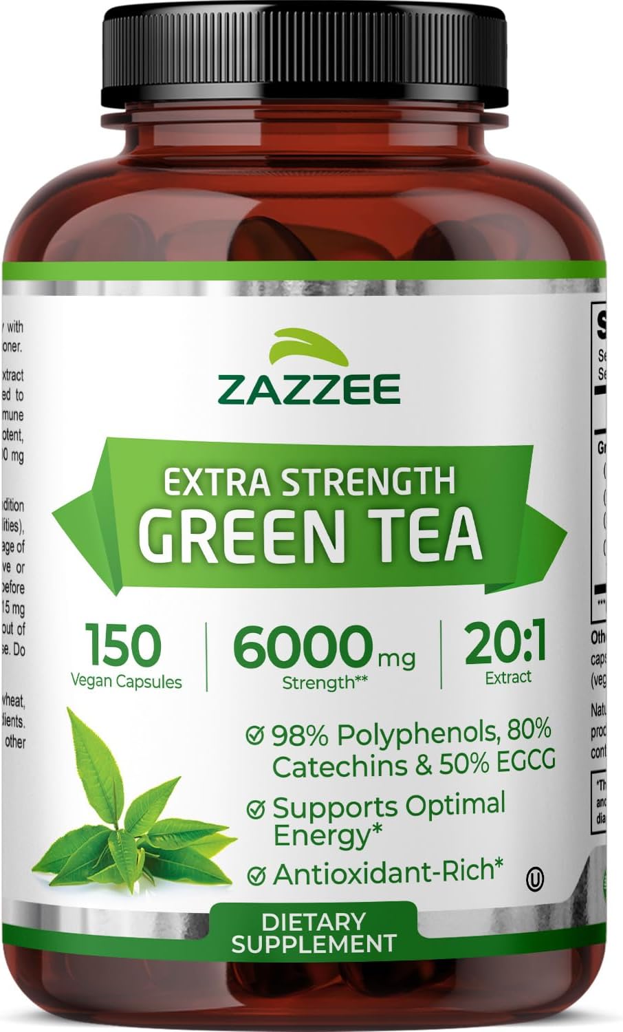 Zazzee Extra Strength Green Tea 20:1 Extract, 6000 mg Strength, 50% EGCG, 98% Polyphenols and 80% Catcehins, 150 Vegan Capsules, 5 Month Supply, Standardized and Concentrated 20X Potency, Non-GMO