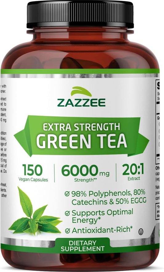 Zazzee Extra Strength Green Tea 20:1 Extract, 6000 mg Strength, 50% EGCG, 98% Polyphenols and 80% Catcehins, 150 Vegan Capsules, 5 Month Supply, Standardized and Concentrated 20X Potency, Non-GMO