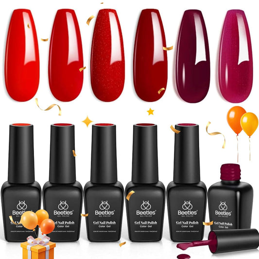 Beetles Red Gel Polish Set - 6 Colors Burgundy Red Gel Nail Polish Popular Shimmer Red-Obsession Collection Nails Art Design Soak Off Uv LED Nail Kit Minicure DIY Home Gifts for Women