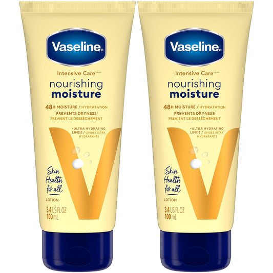 Vaseline Lotion, Intensive Care Nourishing Moisture 2-Pack – Moisturizer with Oat Extract + Ultra-Hydrating Lipids for Healing Extremely Dry Skin, 3.4 Oz Ea
