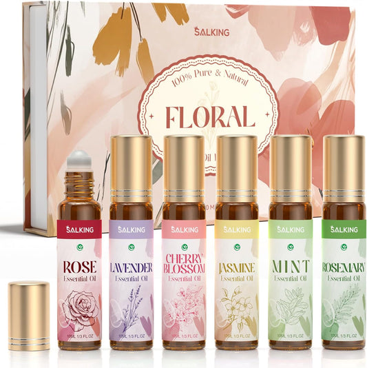 SALKING Essential Oils Roll On Set with Dried Flowers(6 Pack), Aromatherapy Oil with Roller Ball for Skin Use, Natural Fragrance Gift - Rose, Lavender, Cherry Blossom, Jasmine, Mint, Rosemary