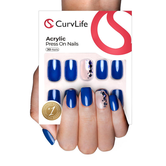 Curvlife Press on Nail, 32Pcs 16 Sizes Acrylic Nail Tips, Full Cover Design Reusable Fake Nails Kit with Glue and Adhesive Tabs (blue flower, Short)