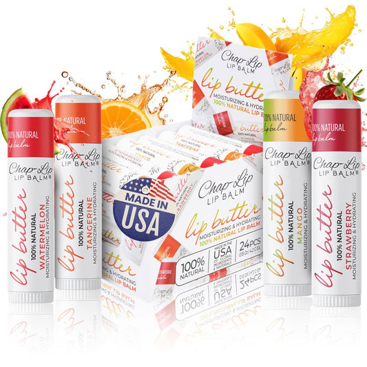 CHAP-LIP 100% All Natural Lip Balm Hydrating Bulk Chap Stick with Fruit Flavors, Coconut Oil, Cocoa Butter - Christmas Gift Stocking Stuffers Lip Therapy Pack for Men and Women - Made in USA, 24 Pack