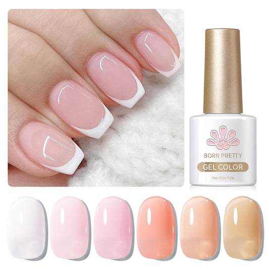 Born Pretty French Manicure Gel Nail Polish French Base Color Gel Polish Jelly Gel Nail Polish Set Sheer Milky Jelly Nude Pink Gel Polish Nail Art DIY at Home 6PCS