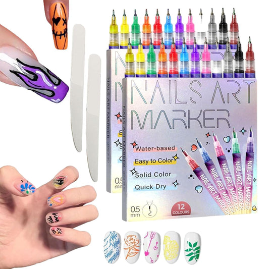 Nail Polish Markers, 12 Colors Nail Art Pens Set, 3D Nail Art Markers Polish Pen for Graffiti Dotting Drawing Painting Liner DIY Art Tools Kit for Home Nail Salon (2pcs)