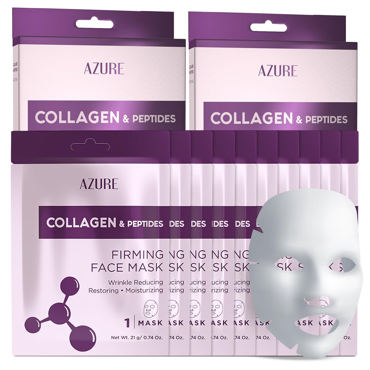 AZURE Collagen & Peptides Lifting Sheet Facial Mask - Restoring, Smoothing & Moisturizing Face Mask - Helps Reduce Fine Lines & Wrinkles, Smooths & Repairs - Skin Care Made in Korea - 10 Pack