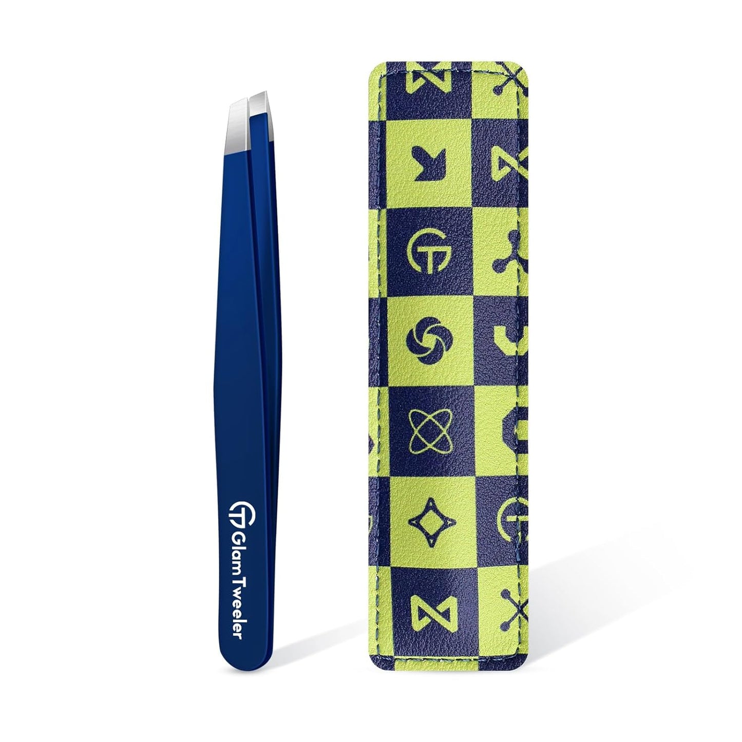 Expert Slant Tip Tweezers with Leather Travel Case, GlamTweeler Sharp & Precision Stainless Steel Tweezer for Eyebrows, Facial Hair and Fine Hairs Removal (Navy Blue)