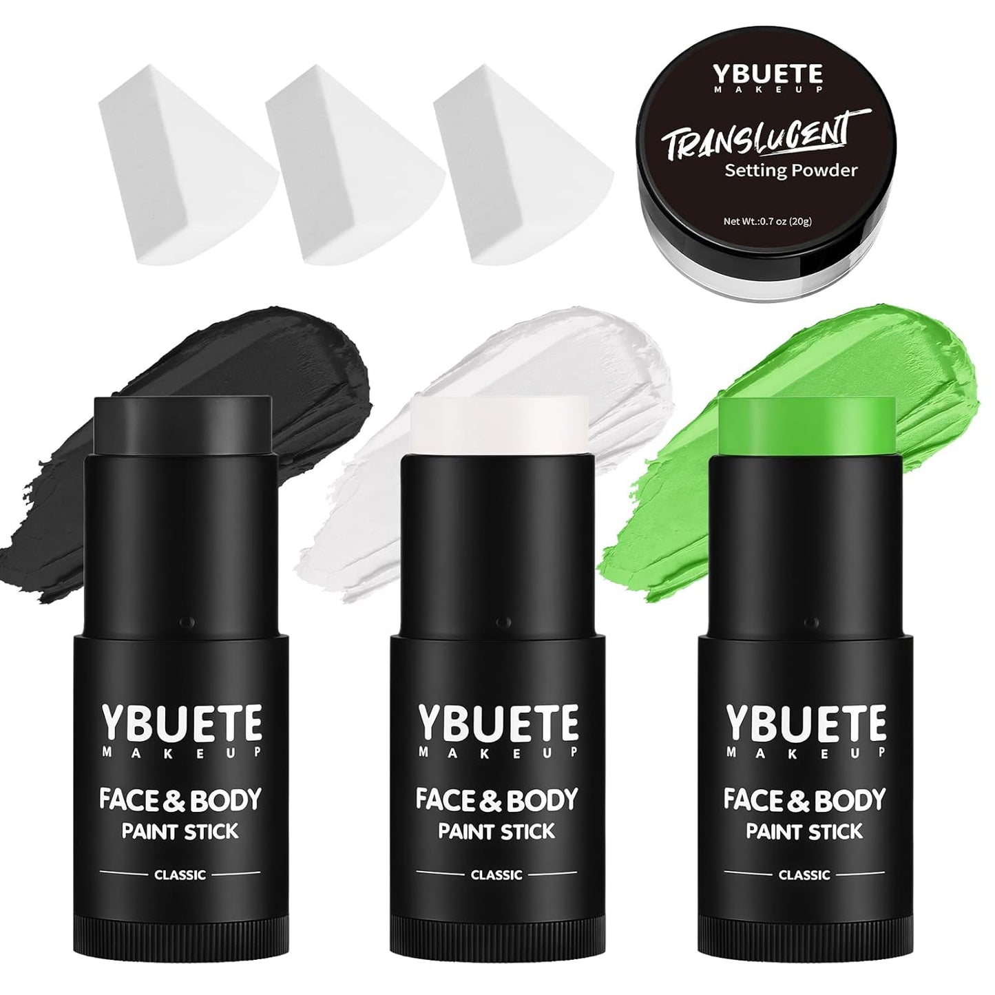 Black White Light Green Face Body Paint Stick Set with Translucent Setting Powder and Sponges, Professional Full Coverage Face Painting for Adult Halloween Cosplay SFX Witch Hulk Monster Makeup