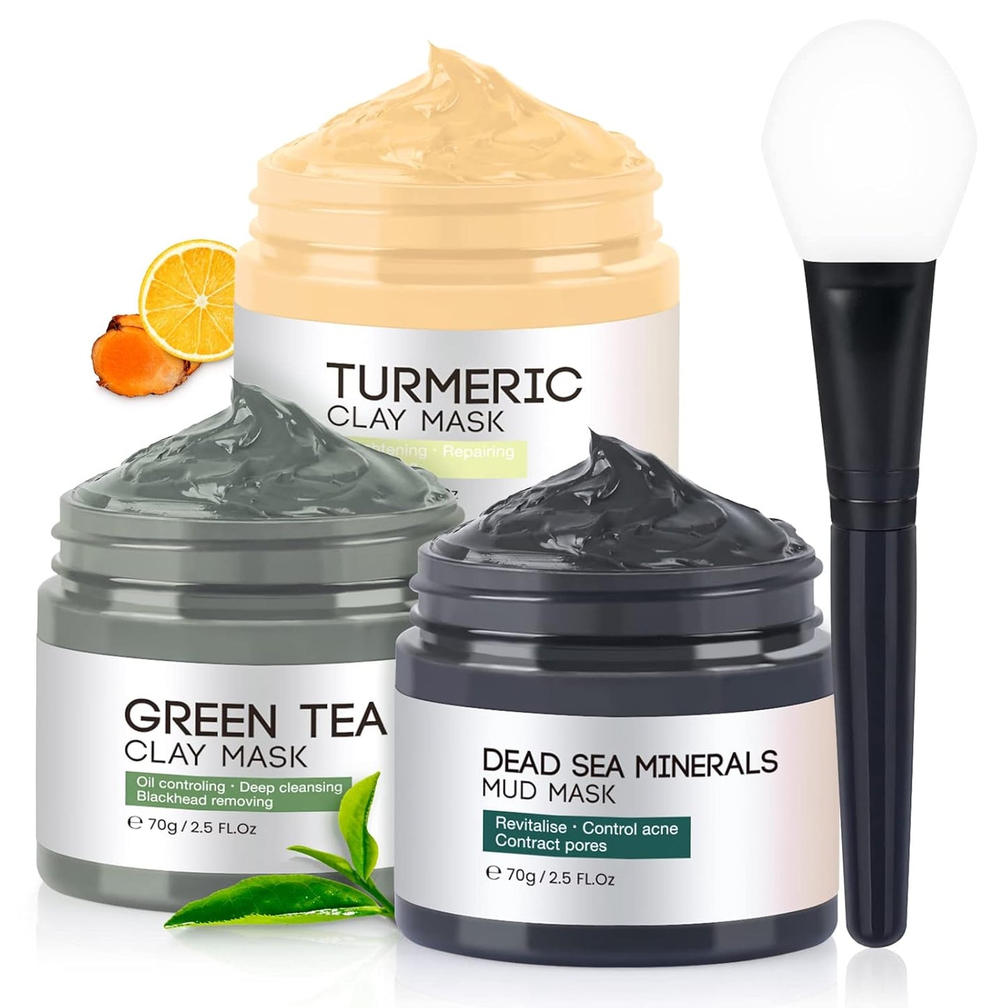 3PCS Clay Face Mask Skincare - Facial Skin Care Mask for Deep Pore Cleansing Turmeric Dead Sea Mud Green Tea Purifying and Hydrating - Reduce Acne Blackheads for Women and Men 2.5 OZ each
