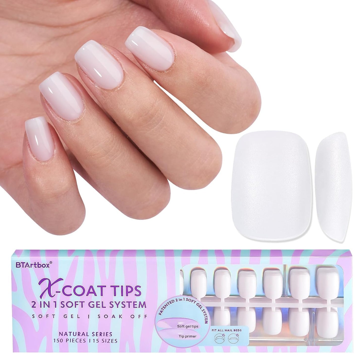 BTArtboxnails XS Short Square Gel Nail Tips - Pre Colored Milky White Soft Gel Nail Tips, Milky White Press on Nails, Natural XCOATTIPS