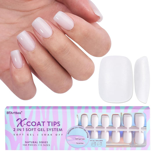 BTArtboxnails XS Short Square Gel Nail Tips - Pre Colored Milky White Soft Gel Nail Tips, Milky White Press on Nails, Natural XCOATTIPS