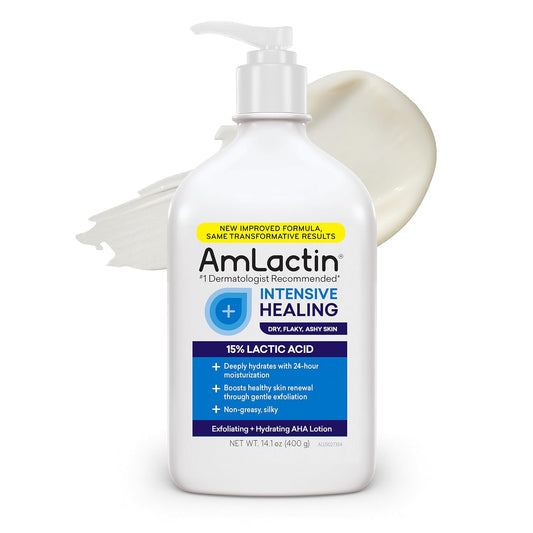 AmLactin Intensive Healing Body Lotion for Dry Skin, 14.1 oz Pump Bottle, 2-in-1 Exfoliator & Moisturizer with Ceramides & 15% Lactic Acid for Relief from Dry Skin (Packaging May Vary)
