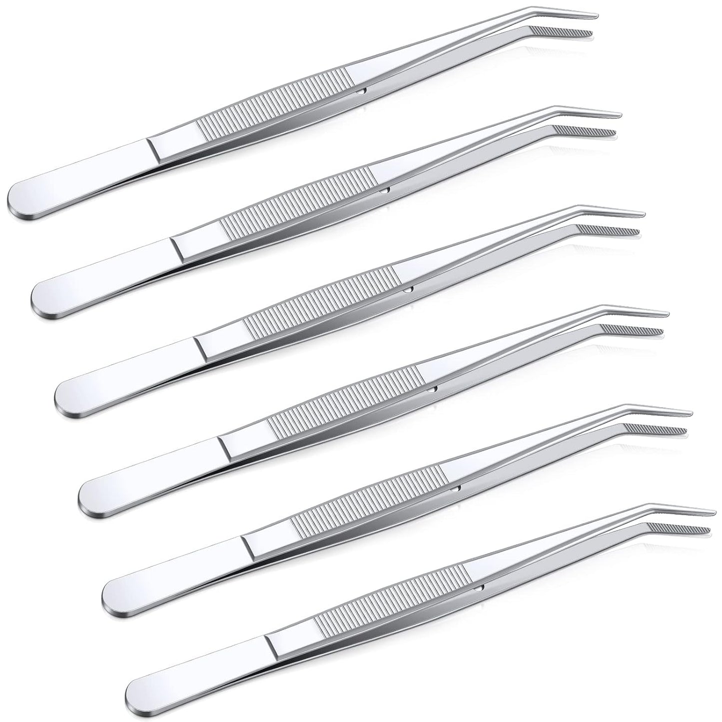 Honoson 6 Pcs Stainless Steel Tweezers for Crafting with Curved Serrated Tip Multipurpose Forceps Sewing Machine Tweezers Bulk (Silver)