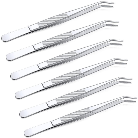 Honoson 6 Pcs Stainless Steel Tweezers for Crafting with Curved Serrated Tip Multipurpose Forceps Sewing Machine Tweezers Bulk (Silver)
