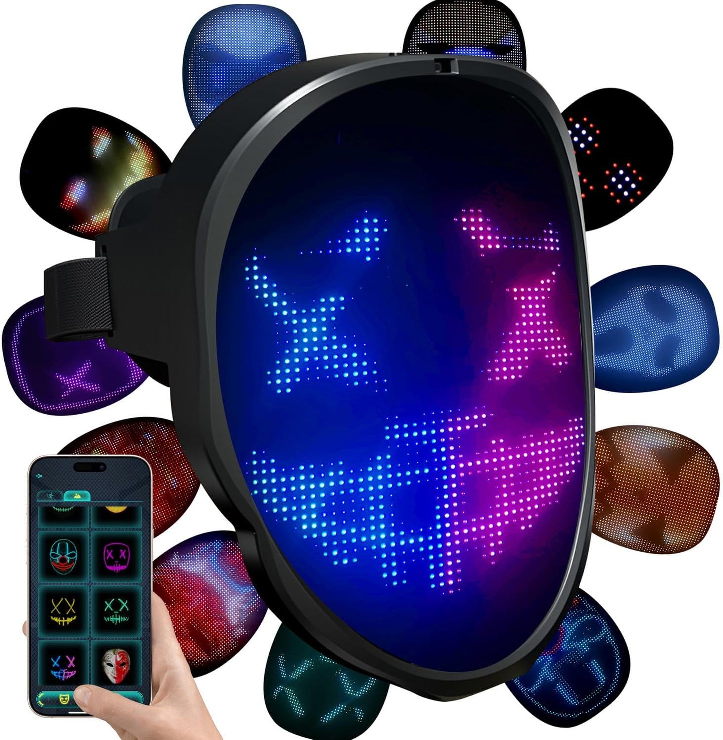 Led Mask Costume with APP Controlled, Led Halloween Mask, Funny Light Up Halloween Face Mask for Christmas Birthday Cosplay Party, Glow Up Mask for Kids Men Women