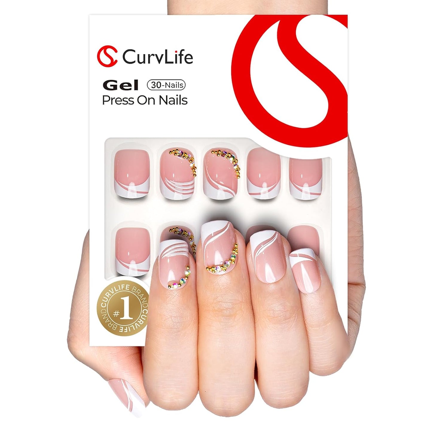 Curvlife Soft Gel Press on Nails Fake Nails with Golden French Design Full Cover False Nails for Women Reusable Nail Kit with Nail Glue Adhesive Tabs Nail File