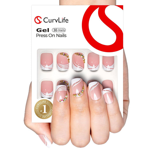 Curvlife Soft Gel Press on Nails Fake Nails with Golden French Design Full Cover False Nails for Women Reusable Nail Kit with Nail Glue Adhesive Tabs Nail File