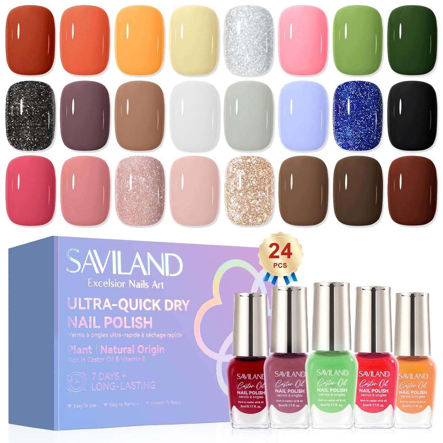 SAVILAND Color Artistry Fall Nail Polish Set: Quick Dry 24 Color Regular Nail Polish Kit Orange Red Brown Glitter Finger Bulk Fingernail Polish Set Non Gel Castor Oil Vitamin E Nail Lacquer Women Home