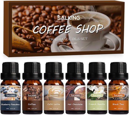 SALKING Coffee Shop Fragrance Oils Set, Premium Essential Oils Set for Diffuser, Scented Oil for Soap & Candle Making - Blueberry Pancakes, Coffee, Café Latte, Hot Chocolate, French Vanilla, Black Tea