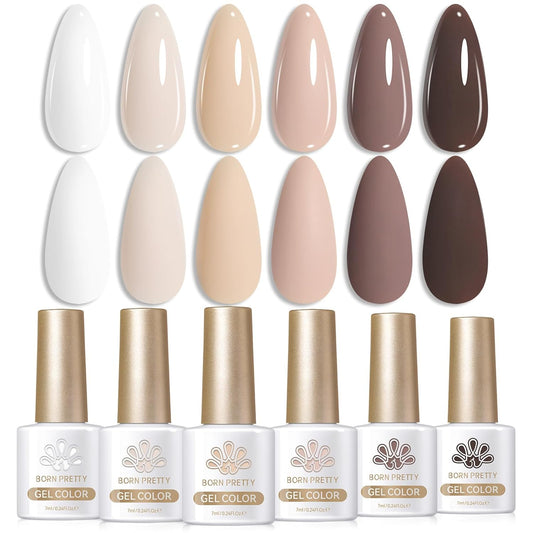 BORN PRETTY Gel Polish Nail Set 6 Colors Nude Skin Tones Brown Neutral Colors Soak Off Gel Nail Kit Collection Nail Art Manicure DIY Salon Home Gift