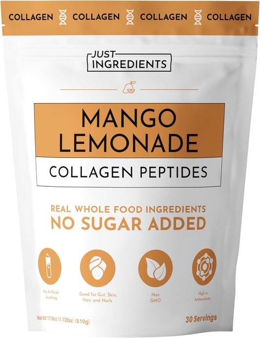 JUST INGREDIENTS Collagen Peptides – Mango Lemonade Drink Mix | 30 Servings | Bovine Collagen, Grape Seed & Pine Bark Extract | Supports Skin, Hair, Nails, Joints & Gut Health | No Sugar Added