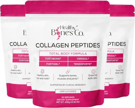 FORTIBONE Premium Bone Health Collagen Peptides w/FORTIGEL, VERISOL, TENDOFORTE | Clinically-Supported for Bones Joints Skin Hair Nails| Hydrolyzed Collagen Complete Anti-Aging Formula | 3 Pack