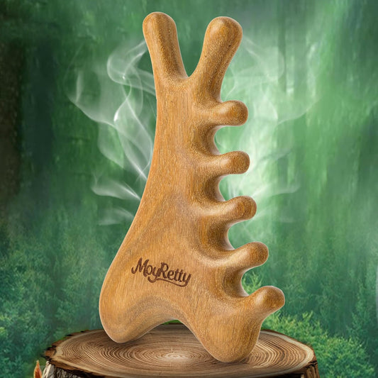 MoyRetty Green Sandalwood Gua Sha Facial Tool(4-in-1), Natural Wooden Face & Body GuashaMassager, Lymphatic Drainage Massage Comb with Storage Pouch, Jawline Shaper
