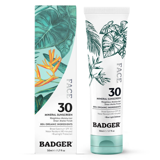 Badger Mineral Face Sunscreen with Zinc Oxide, Sunblock Lotion Moisturizer with SPF 30, Vegan, Unscented, Lightweight Mineral Sunscreen for Face, 1.7 fl oz