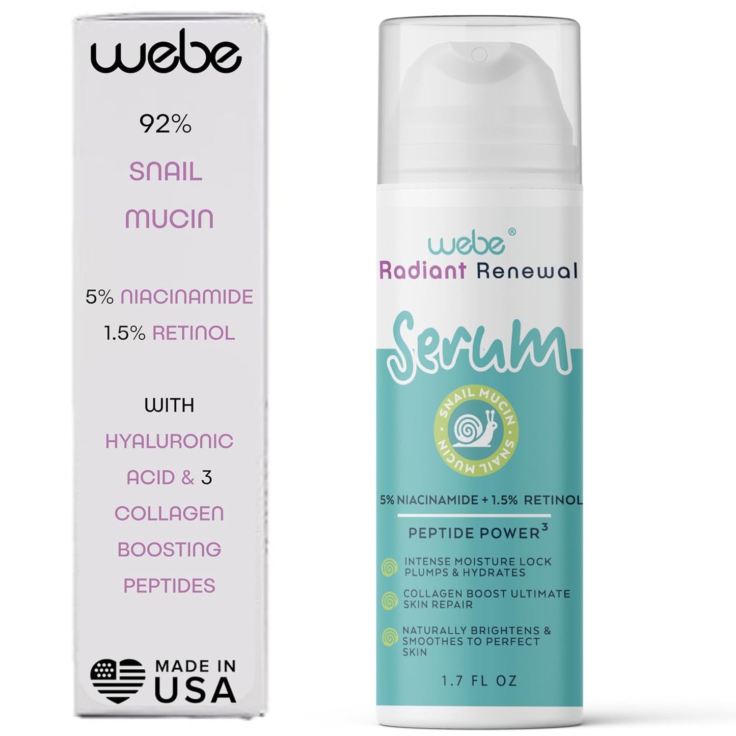 WEBE Naturals Snail Mucin Retinol 1.5% Radiant Renewal Serum | Niacinamide 5%, Vitamin C, Peptide Booster, Hyaluronic Acid & Zinc PCA | Anti-Aging Plumping Intense Moisture Lock, Glowing Smooth Skin