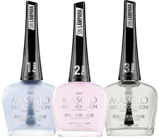 MASGLO Gel Evolution – Set of 3 Nail Polishes No UV/LED Lamp Needed, Fast-Drying, 12-Day Wear, 14-Free Formula, High-Gloss Finish, vegan (0.5 oz Each) h