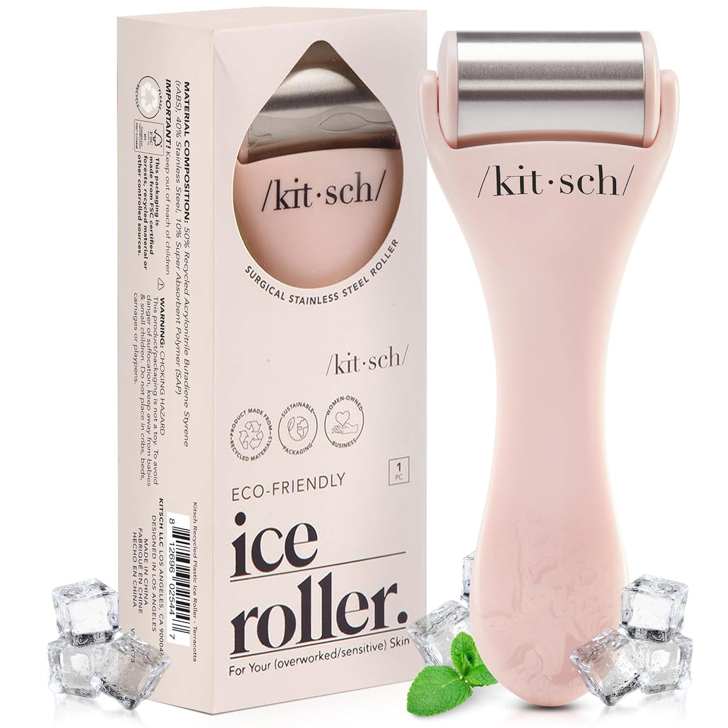 Kitsch Ice Roller for Face – Stainless Steel Face Ice Roller to Reduce Puffiness, Redness & Headaches – Cooling Facial Roller for Skin Care, Irritation Relief & Spa-Like Experience at Home - Pink