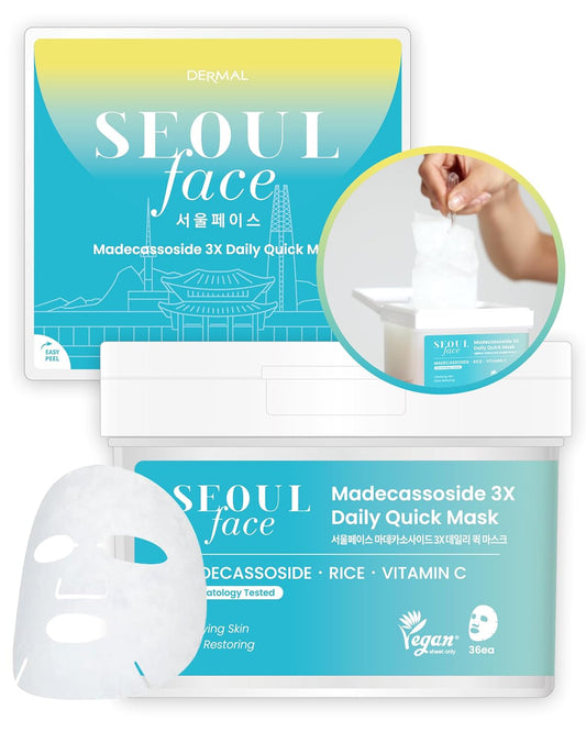 DERMAL Seoul Face Madecassoside 3X Daily Quick Mask 36 Sheet – Korean Skincare Vegan Tencel Facial Masks - Improving Dark Spots, Soften Skin Mask Sheets with Rice, Vitamin C, Panthenol