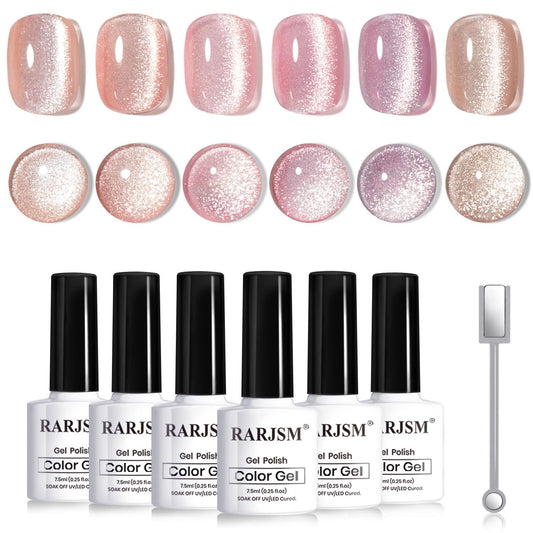 RARJSM Nude Cat Eye Gel Polish Set 6 Pcs Sparkle Diamond Glitter Sheer Purple Soft Pink Chanpagne Gold Velvet Ice Jelly Glass Cateye Gelpolish with Magnet Stick UV LED Curing Requires Home Manicure