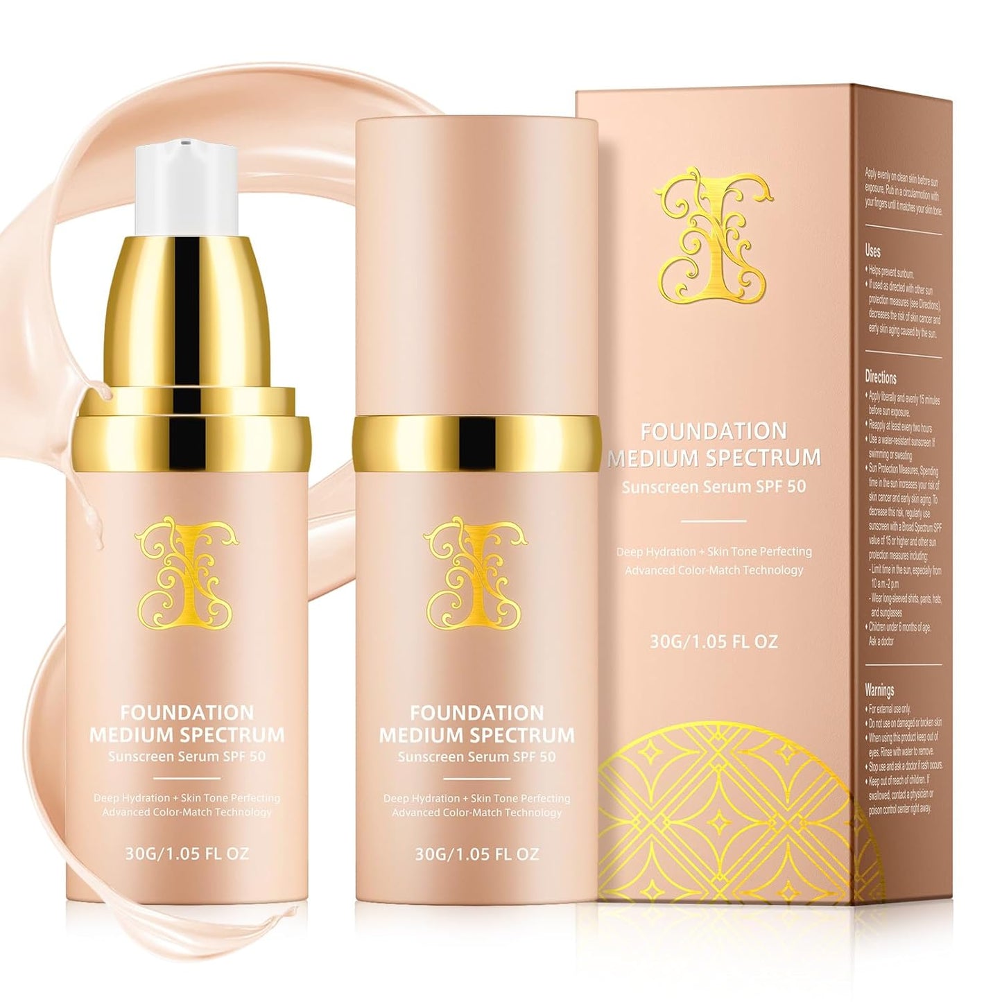 Foundation 4 in 1 - Medium Spectrum with SPF 50+, Anti-Aging, Concealer, Sun Protection, Hydrating Color Changing Foundation Makeup Liquid - Longwearing & Waterproof for Sport, Dancing (2PC, SPF50)