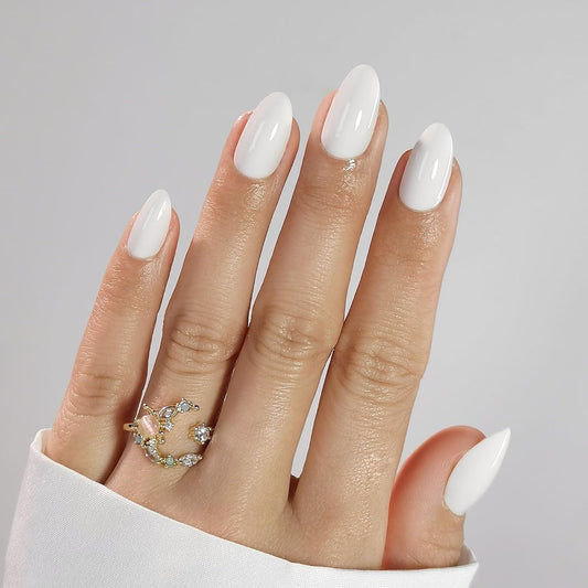 Press On Nails - Coconut I Medium White Almond I 16 Sizes - 32 Reusable Fake Nail Kit - Glue & Adhesive Tabs I Long-Lasting, Damage-Free Wear