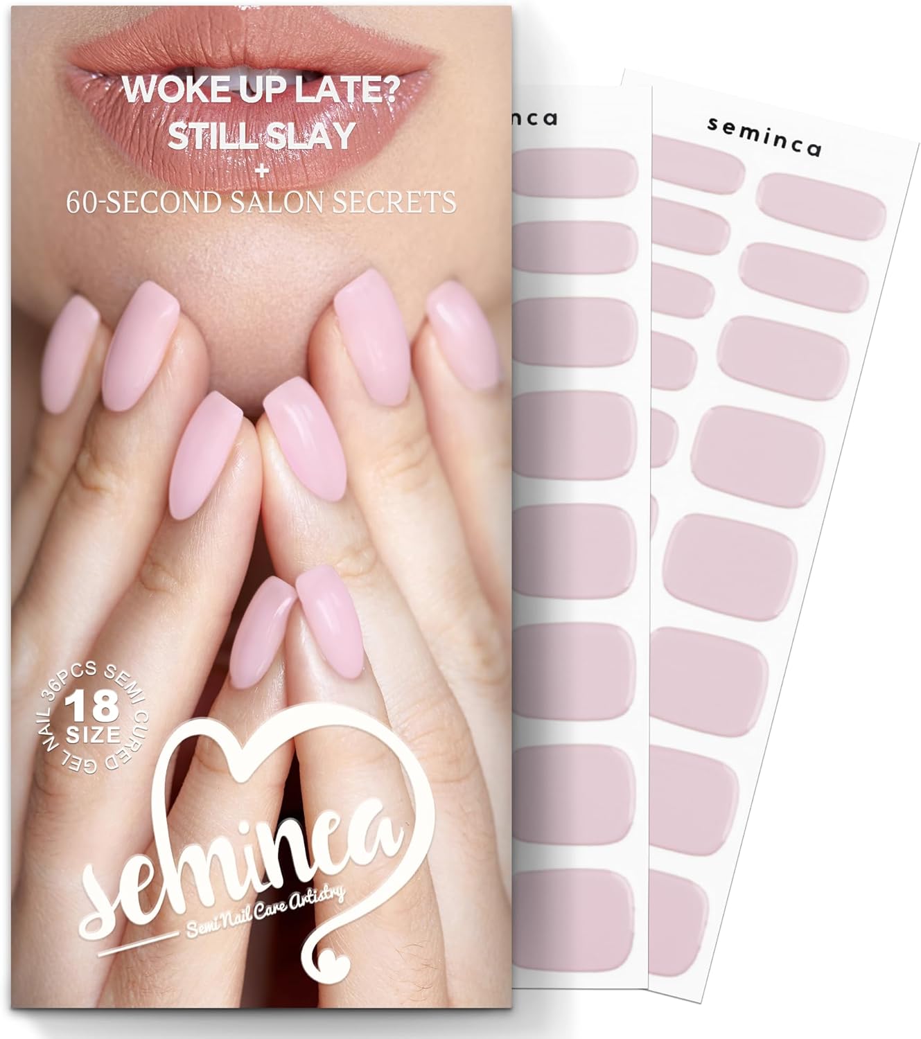 Semi Cured Gel Nail Strips-60s UV Light Needed, Salon Shine at Home,Easy Application and Removal 14 Day Wear,18 Size Press On Nails Kit with Nail File(Bare Pink)