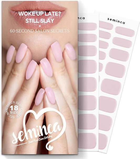 Semi Cured Gel Nail Strips-60s UV Light Needed, Salon Shine at Home,Easy Application and Removal 14 Day Wear,18 Size Press On Nails Kit with Nail File(Bare Pink)