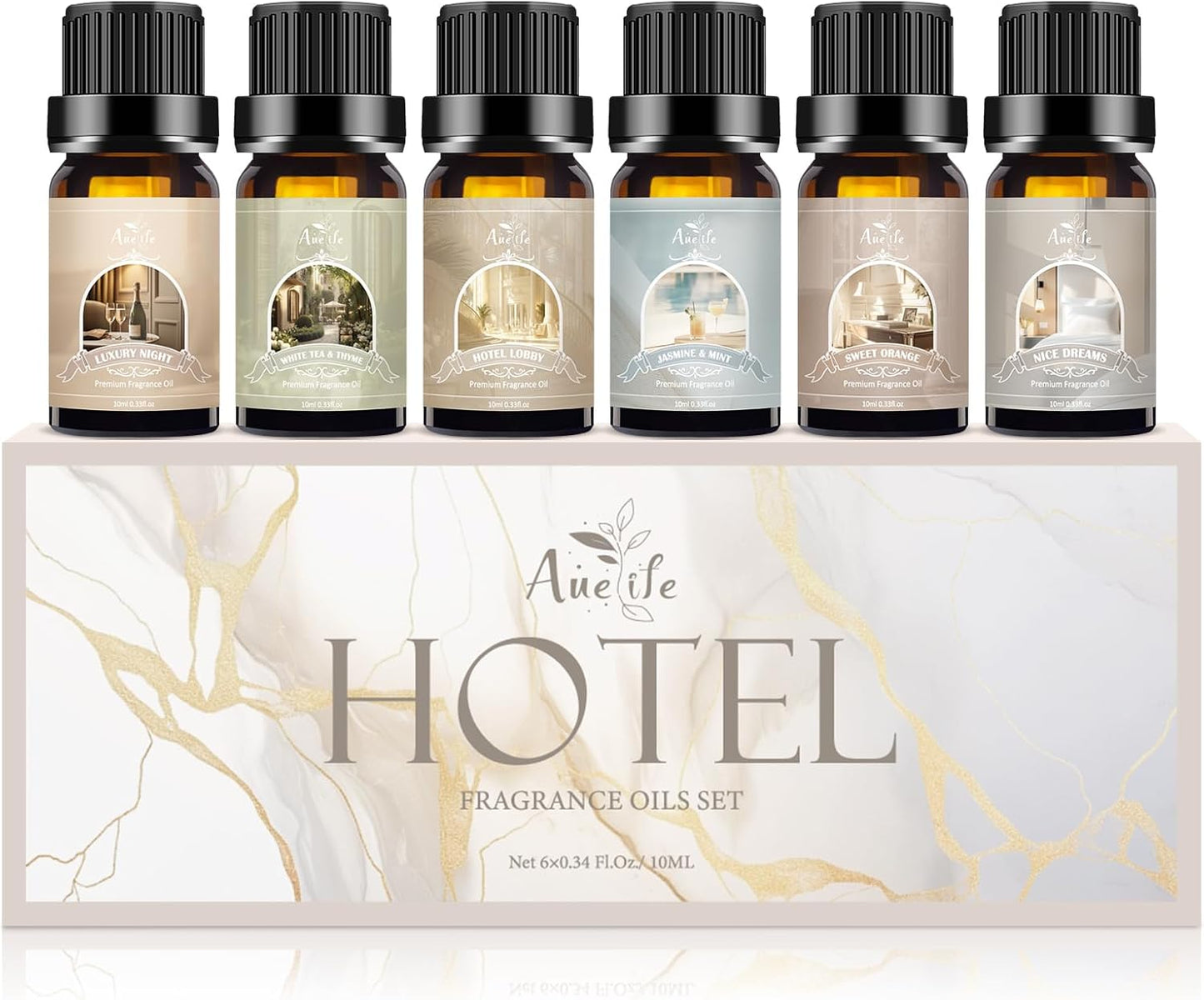 Hotel Essential Oils Set - 6 Premium Scents for Diffuser, Aromatherapy, Home, Spa, Candle Making, Fragrance Oil Set - Hotel Lobby, White Tea Thyme, Good Night, Jasmine Mint, Orange, Luxurious Night