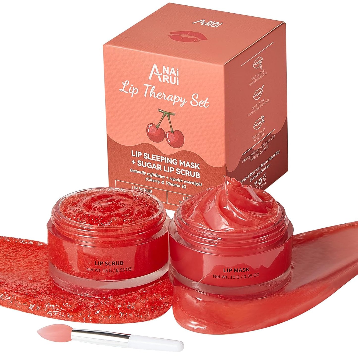 ANAI RUI Cherry Lip Scrub & Lip Mask Set with Vitamin E, Hyaluronic Acid & Shea Butter, Lip Scrubber Exfoliator, Hydrating Lip Mask Overnight, Sugar Scrub for Dry Chapped Lips, Lip Gift Set for Women