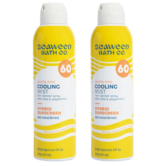 Seaweed Bath Co. Cooling Mist SPF 60 Sport Broad Spectrum Hybrid Sunscreen Spray, 6 Ounce (Pack of 2), Sustainably Harvested Seaweed, Aloe, Peppermint
