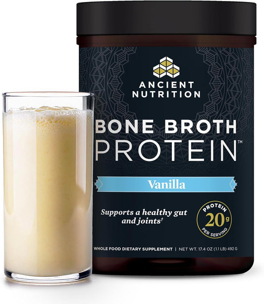 Ancient Nutrition Grass Fed, Cage Free, Bone Broth Protein Powder, 20g Protein, Hydrolyzed Collagen Peptides, Keto & Paleo Friendly, Supports Joint, Gut Health, Vanilla, 20 Servings