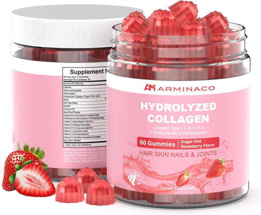 Collagen Gummies for Women – Low Sugar, Strawberry Flavor, Type I II III V X Collagen with Biotin, Vitamin C D B12 Zinc – Hydrolyzed Peptides for Hair Skin Nails Joints – 2 Pack (120 Gummies)